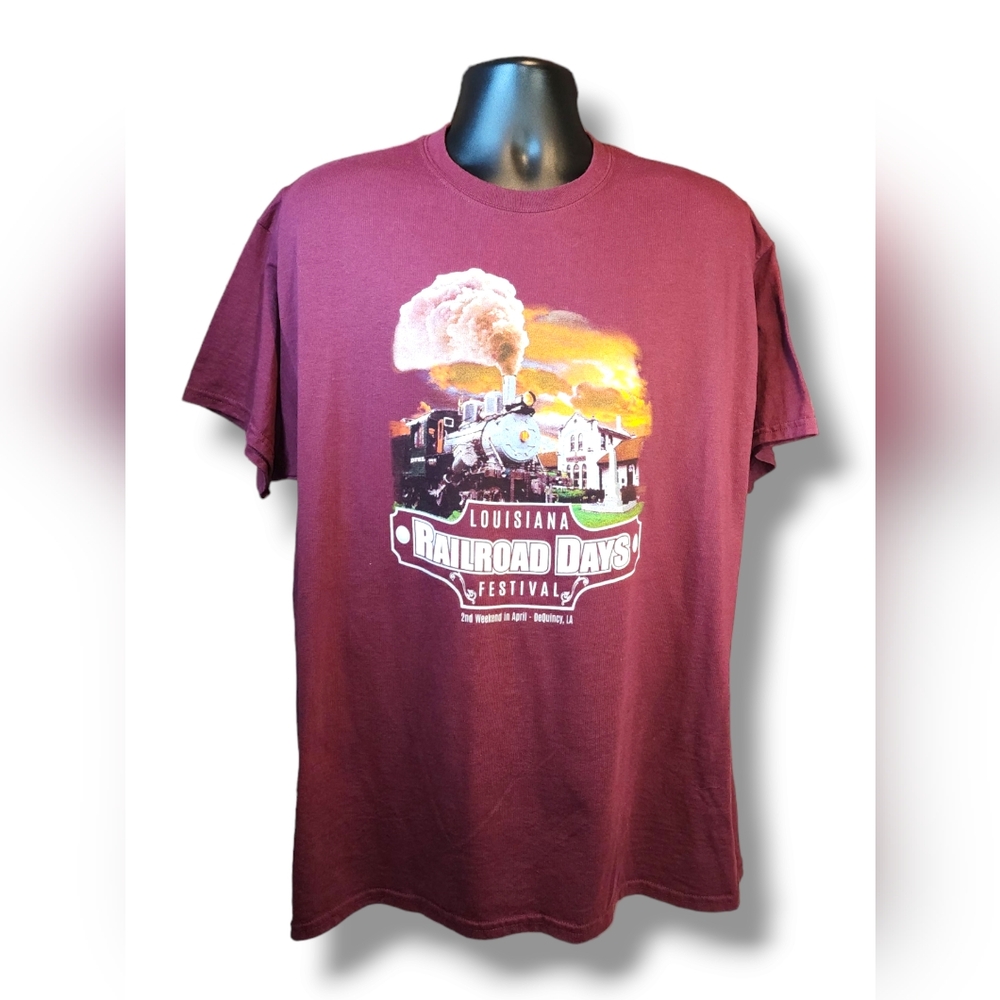 Gildan Men's XL T-Shirt Louisiana Railroad Days Festival Short Sleeve Burgundy